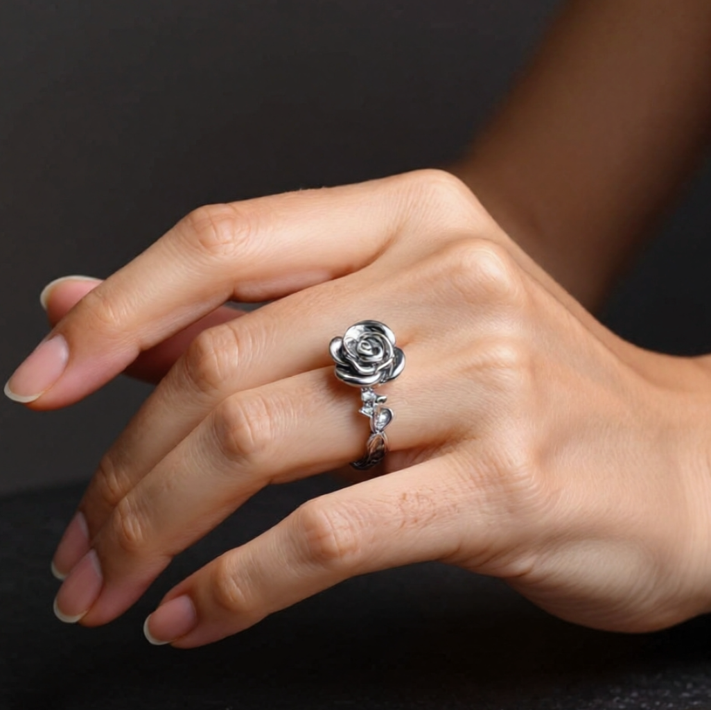 model wears rose flower ring