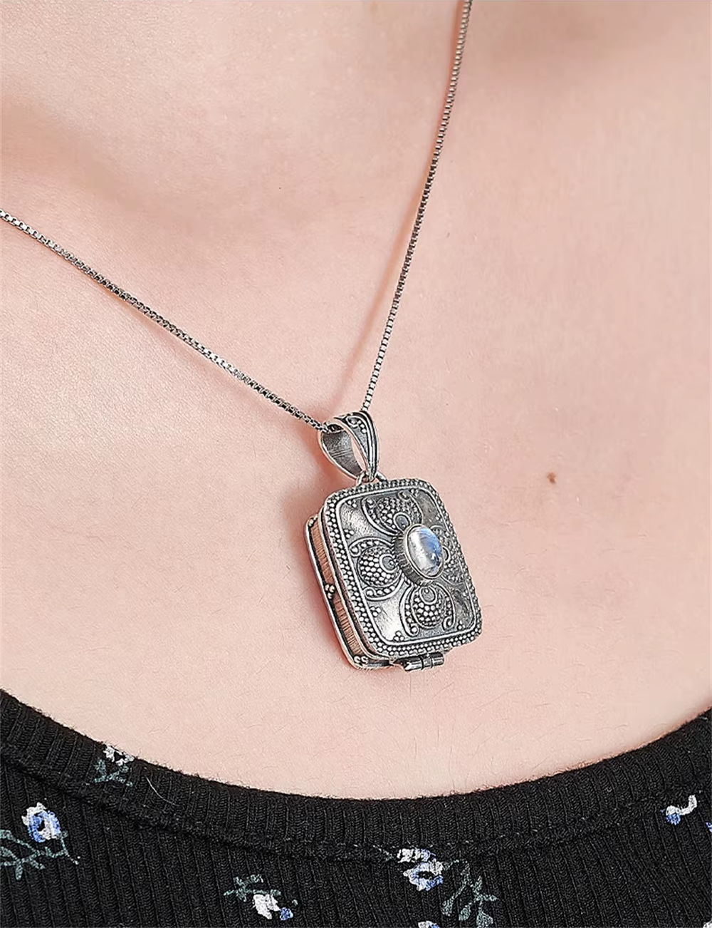 moonstone locket pendant worn woman neck