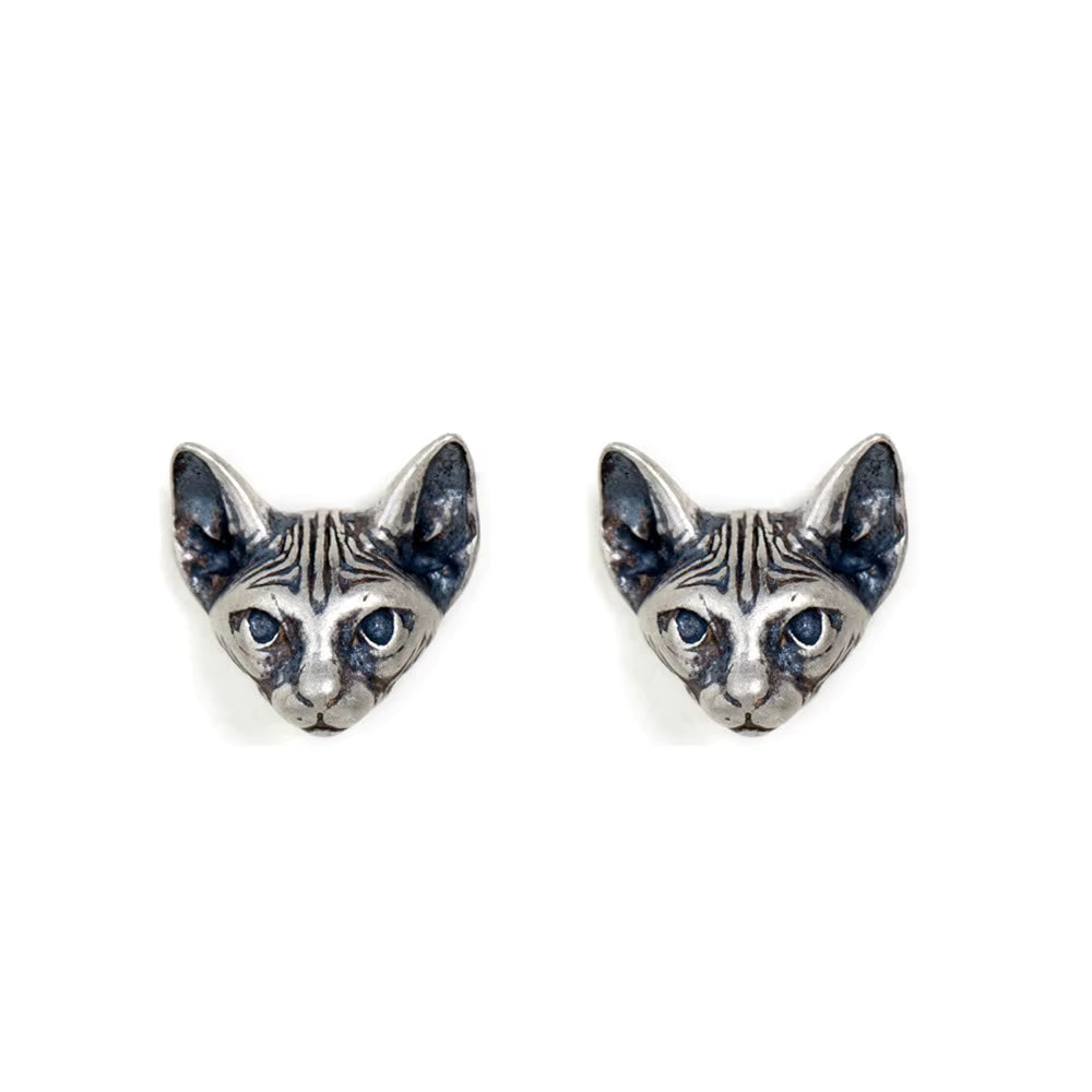 oxidized silver cat earrings pair on white background