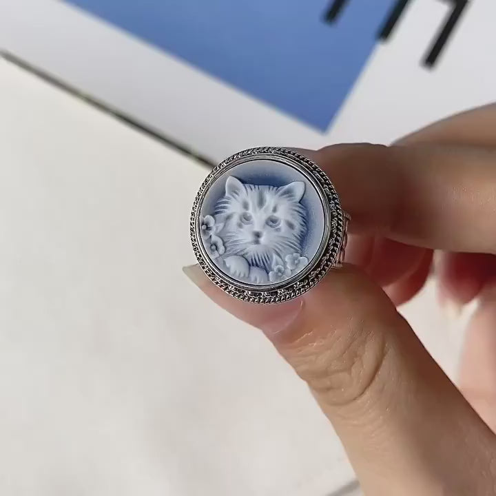 cat cameo ring sterling silver agate