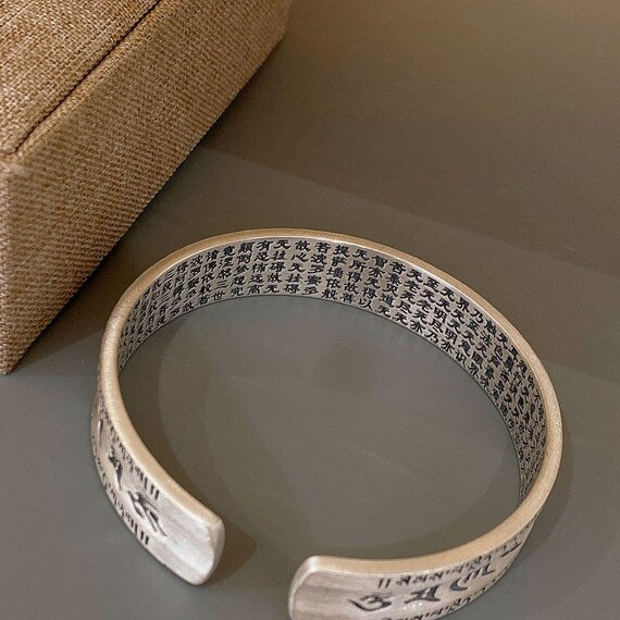 side angle pure silver Heart Sutra engraved bracelet