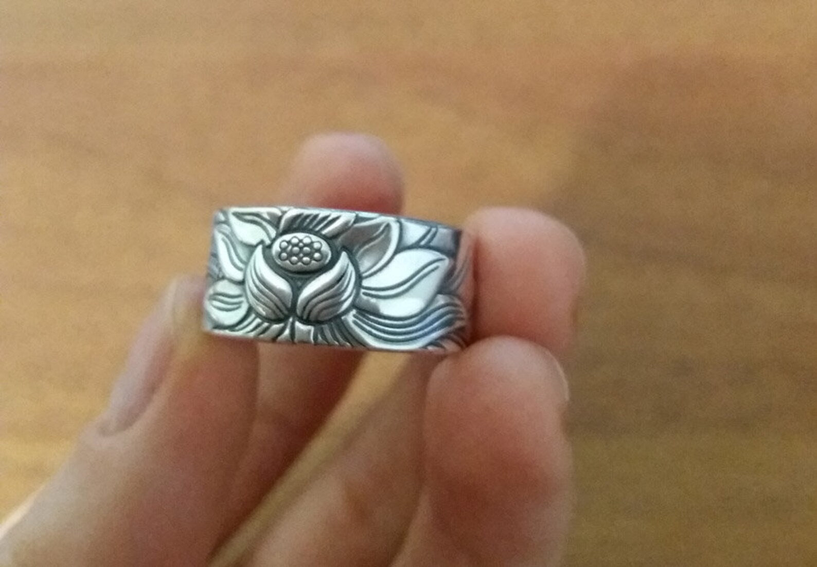 silver Lotus ring close up