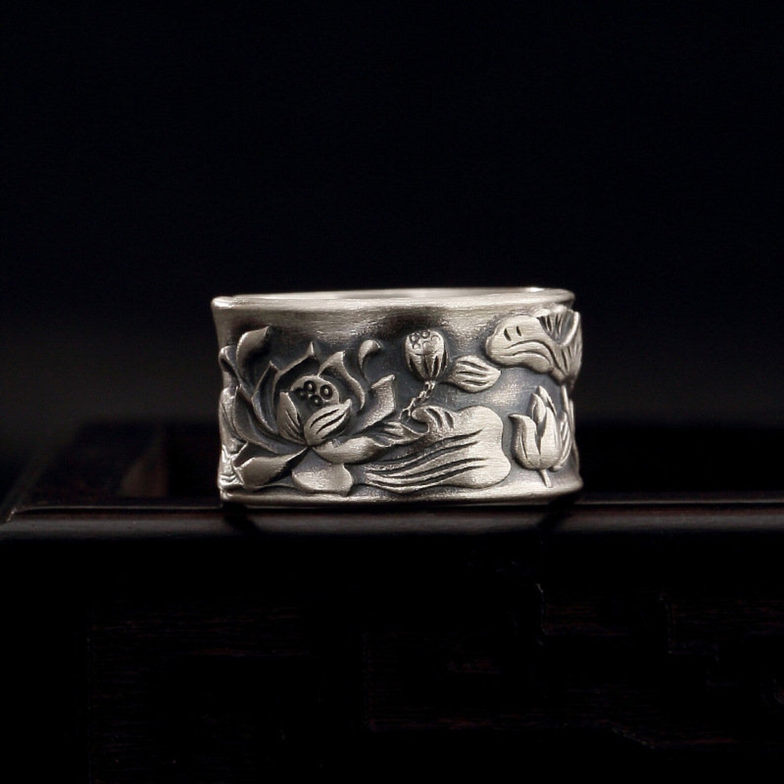 silver engraved lotus ring