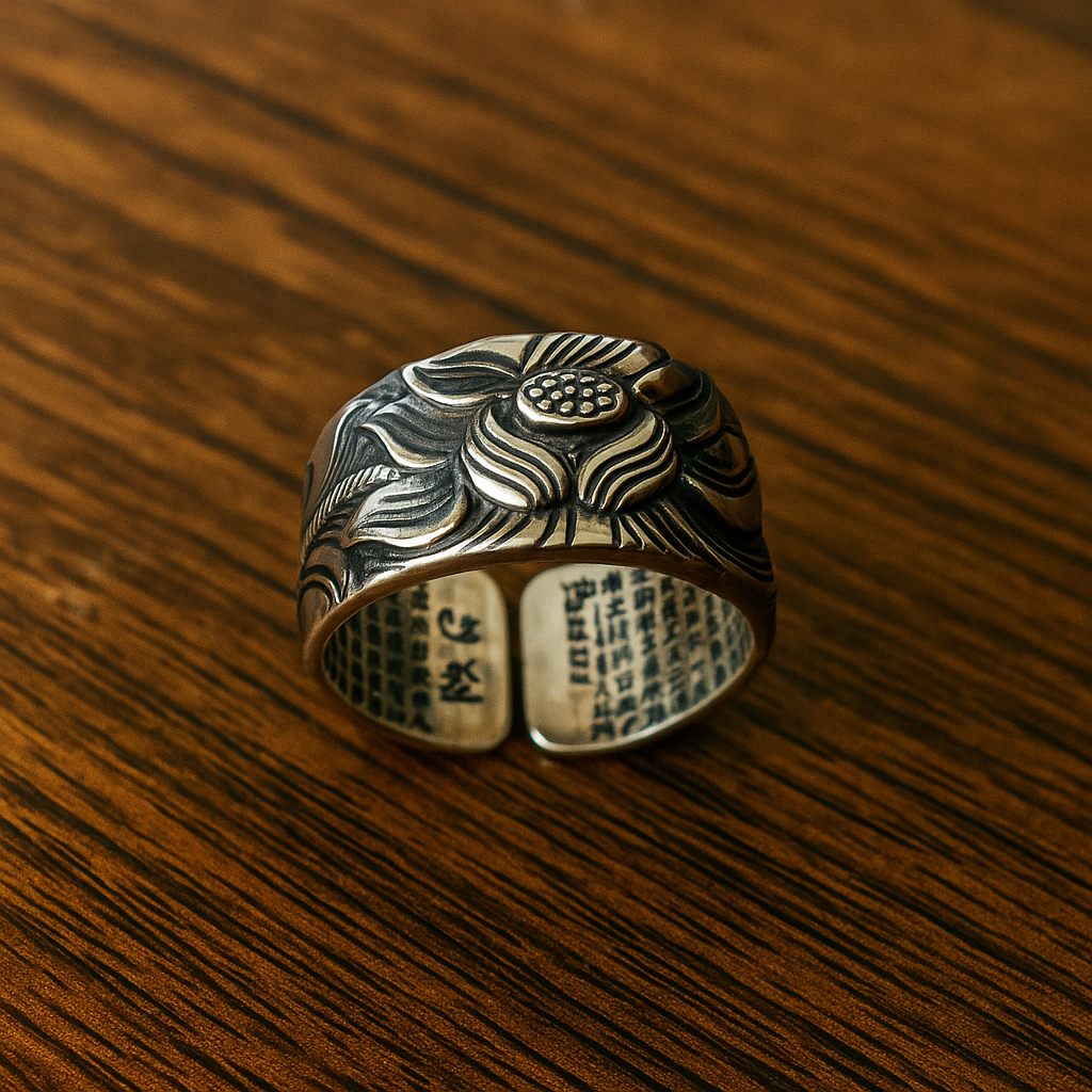 silver lotus flower ring heart sutra 