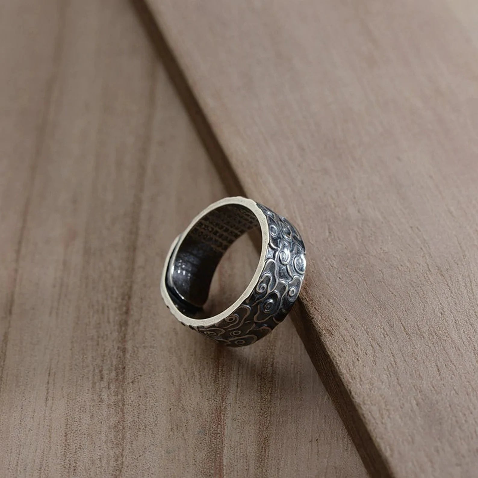 silver lucky clouds heart sutra engraved ring side angle