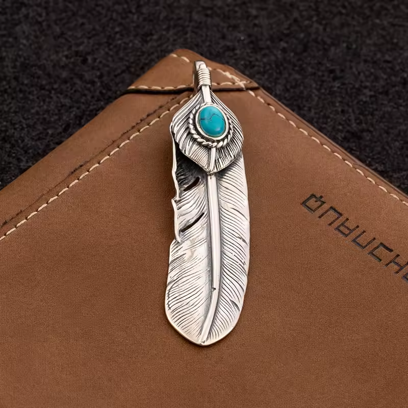 silver turquoise feather pendant