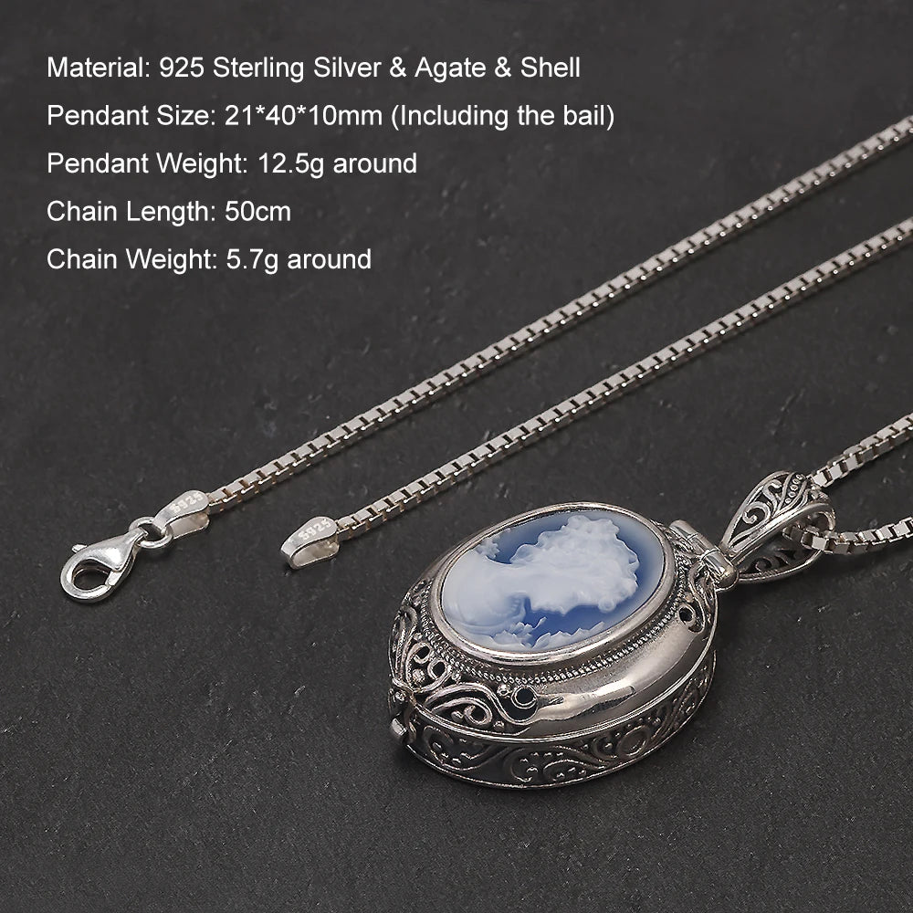 sterling silver cameo necklace flat lay