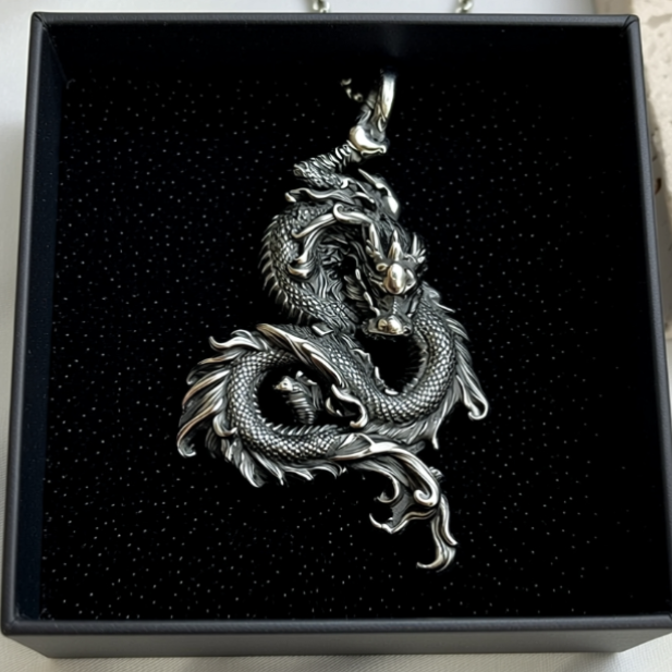 sterling silver dragon pendant front inside Jewelry box
