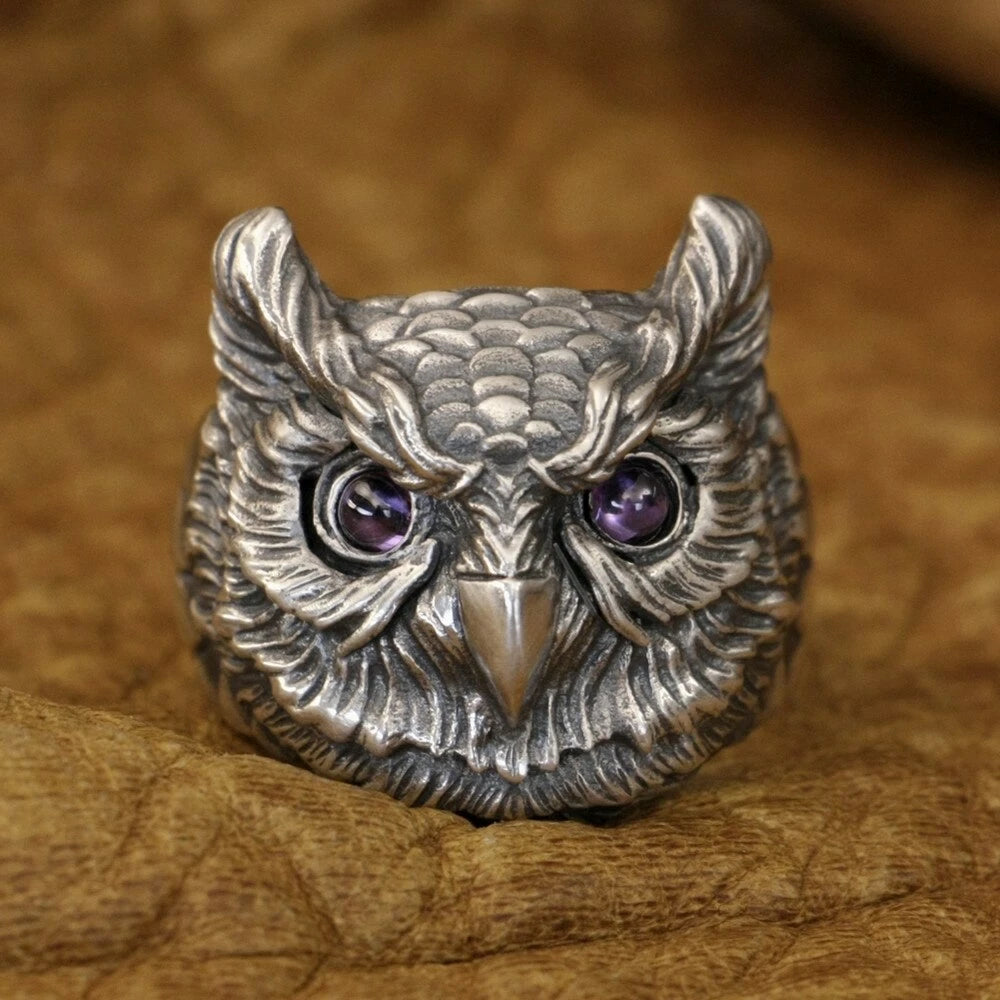 sterling silver OWL ring zirconia purple Eyes