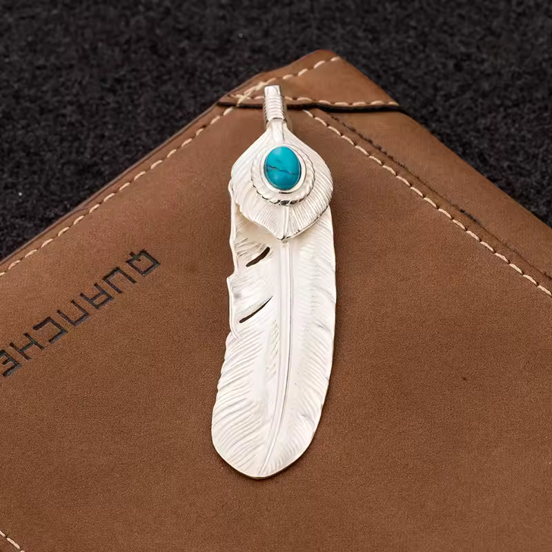 turquoise stone feather charm front view