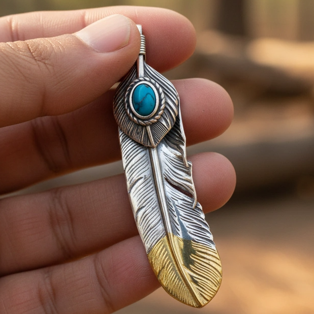 turquoise stone feather charm in hand