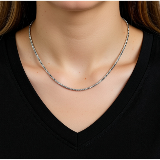 wheat chain necklace on woman neck
