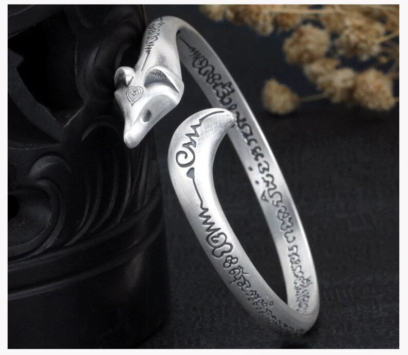 Silver Fox Bangle Bracelet – Adjustable Engraved Fox Jewelry