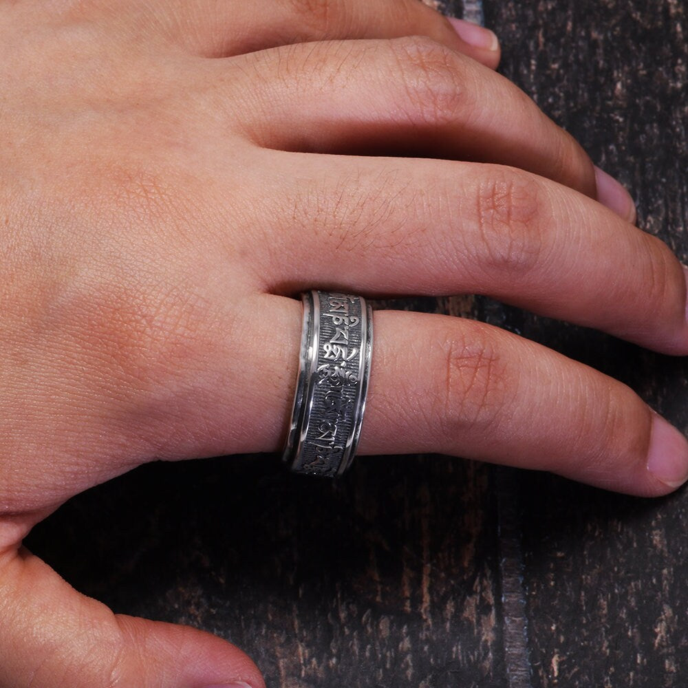 925 sterling silver Tibetan spinner ring rotating band on hand