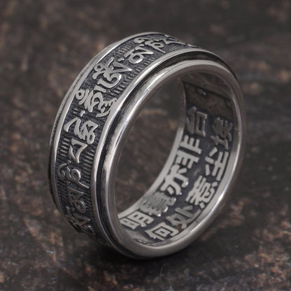 Buddhist Tibetan spinner ring sterling silver